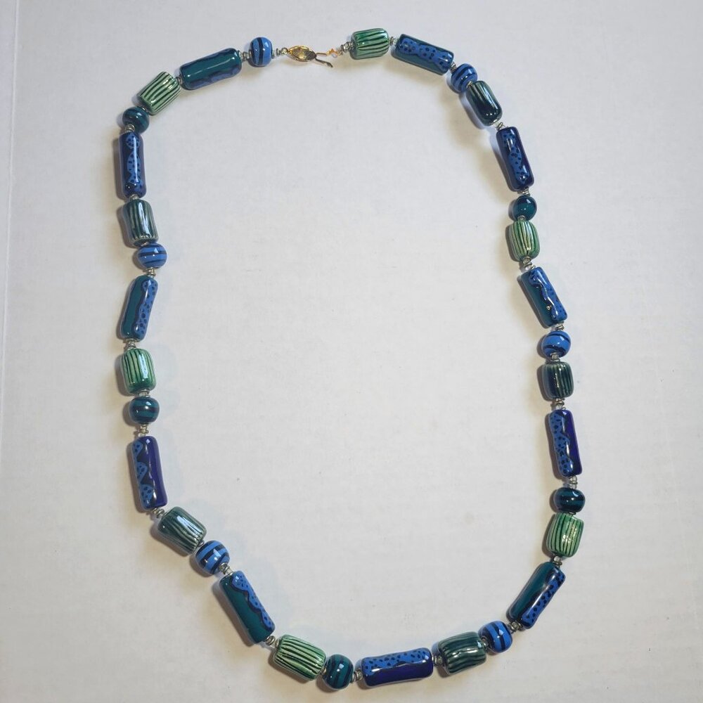 Vintage Glass Beaded Necklace Blue Green Unique Detailed 30 Inch